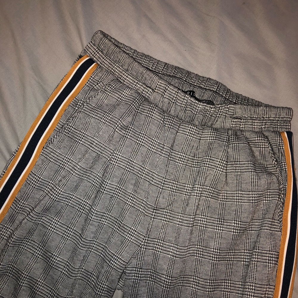 Grey plaid pants/joggers with stripes on side